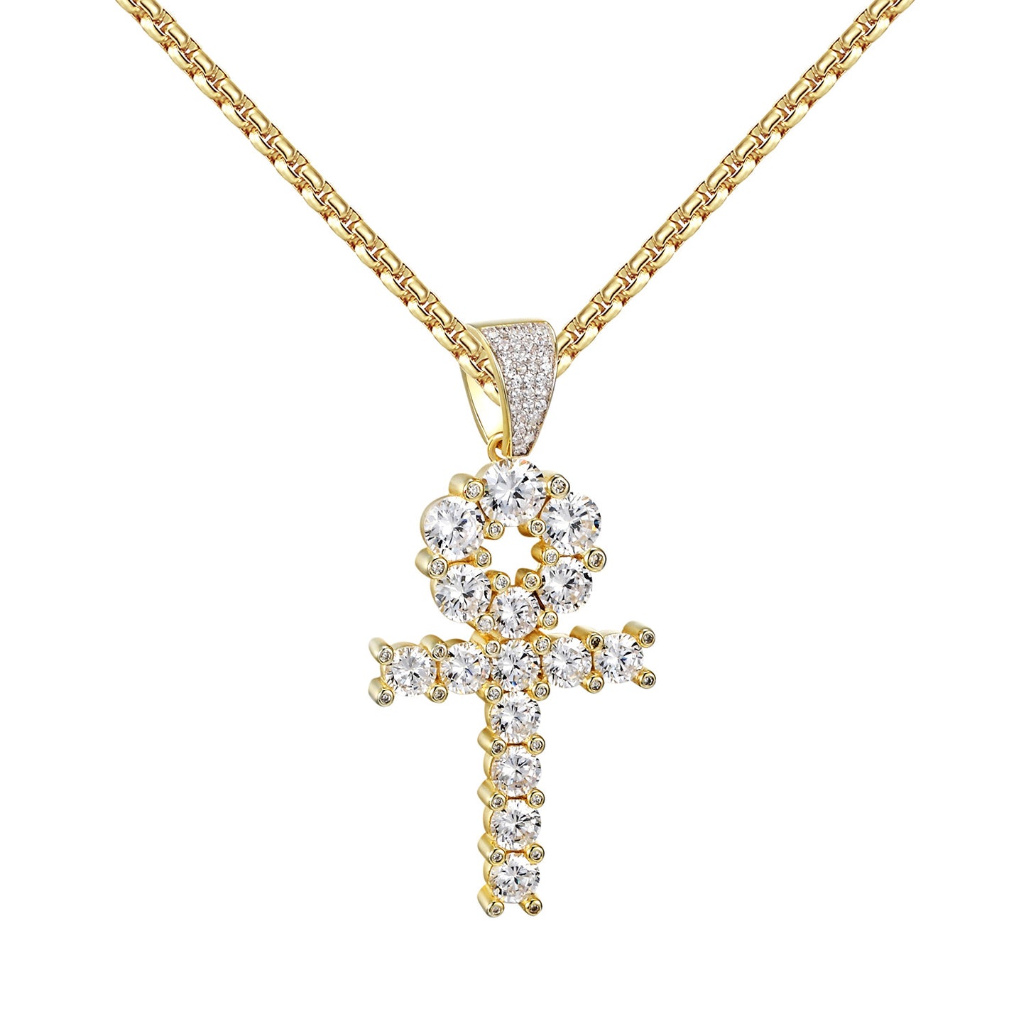 Solitaire Ankh Cross Pendant 14k Gold Over 925 Silver Round Cut Box Necklace 24"