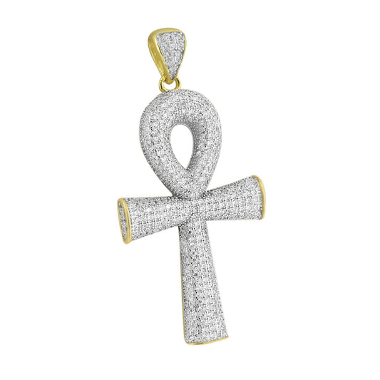 Mens Ankh Cross Pendant Gold Finish Sterling Silver Chain