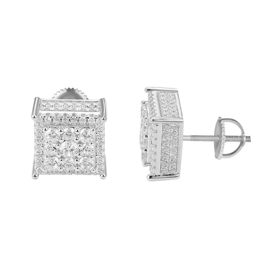 Solitaire Square Cluster lab Diamonds Silver Earrings