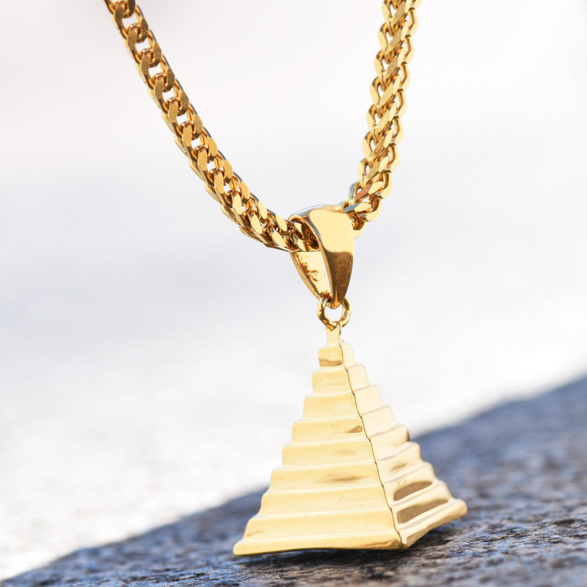 Micro Egyptian Pyramid Pendant 18K Gold Tone Franco Necklace