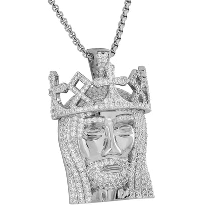 Jesus Face Pendant Simulated Diamonds Rhodium Plate Christ Charm Necklace