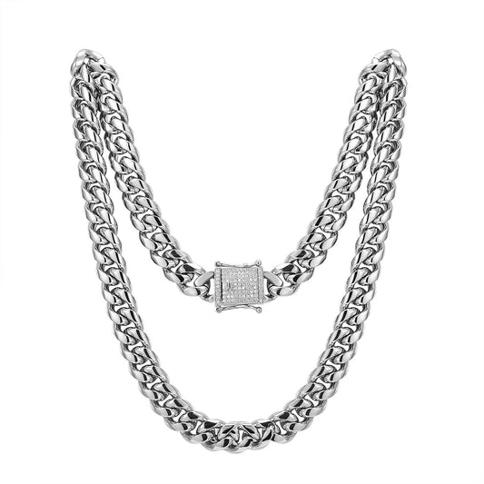 Stainless Steel 14mm Miami Cuban Link 14k White Gold Finish Chain 24" Designer out new Lock