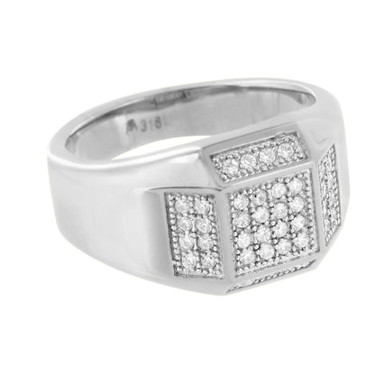 Stainless Steel Mens Ring Simulated Diamonds Pave Set Elegant Engagement Wedding