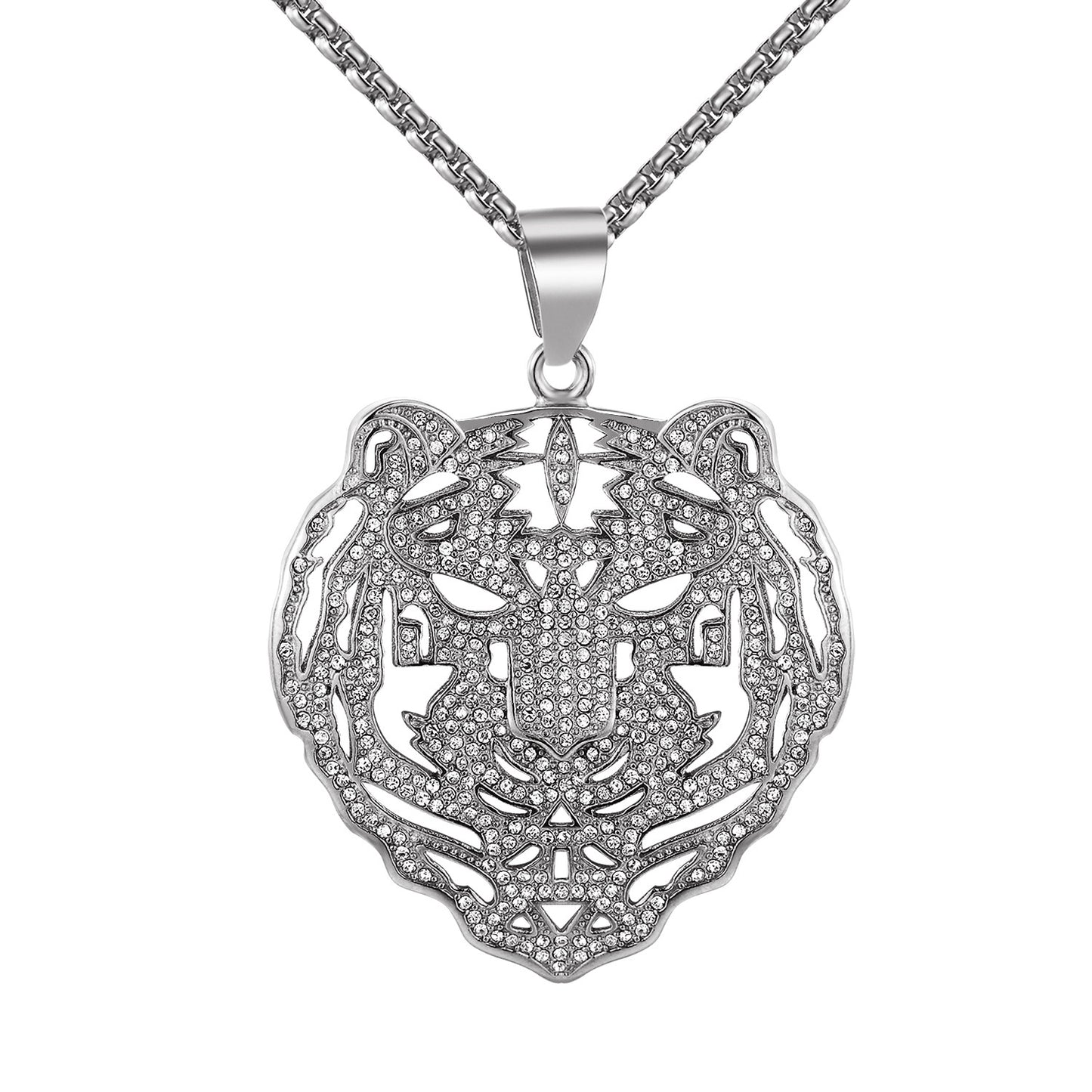 Stainless Steel Tiger Pendant Chain Bling Silver Tone 2.5" Simulated Diamond