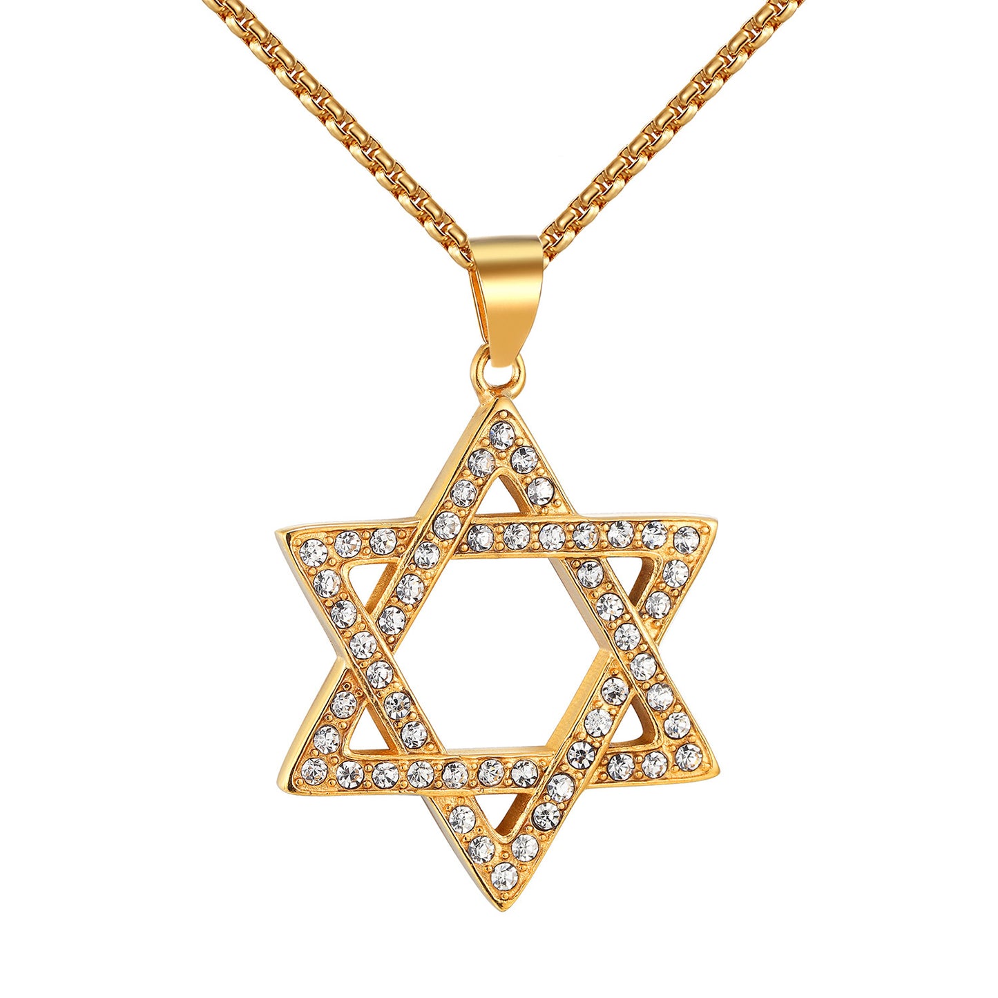 Star Of David Pendant 14k Gold Finish Simulated Diamonds Stainless Steel Chain