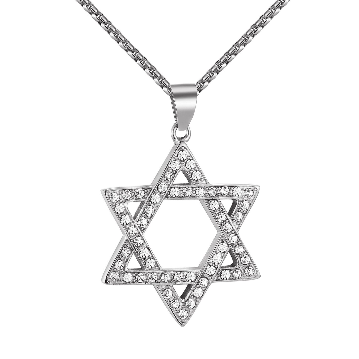 Star Of David Pendant Stainless Steel Simulated Diamonds Free Necklace