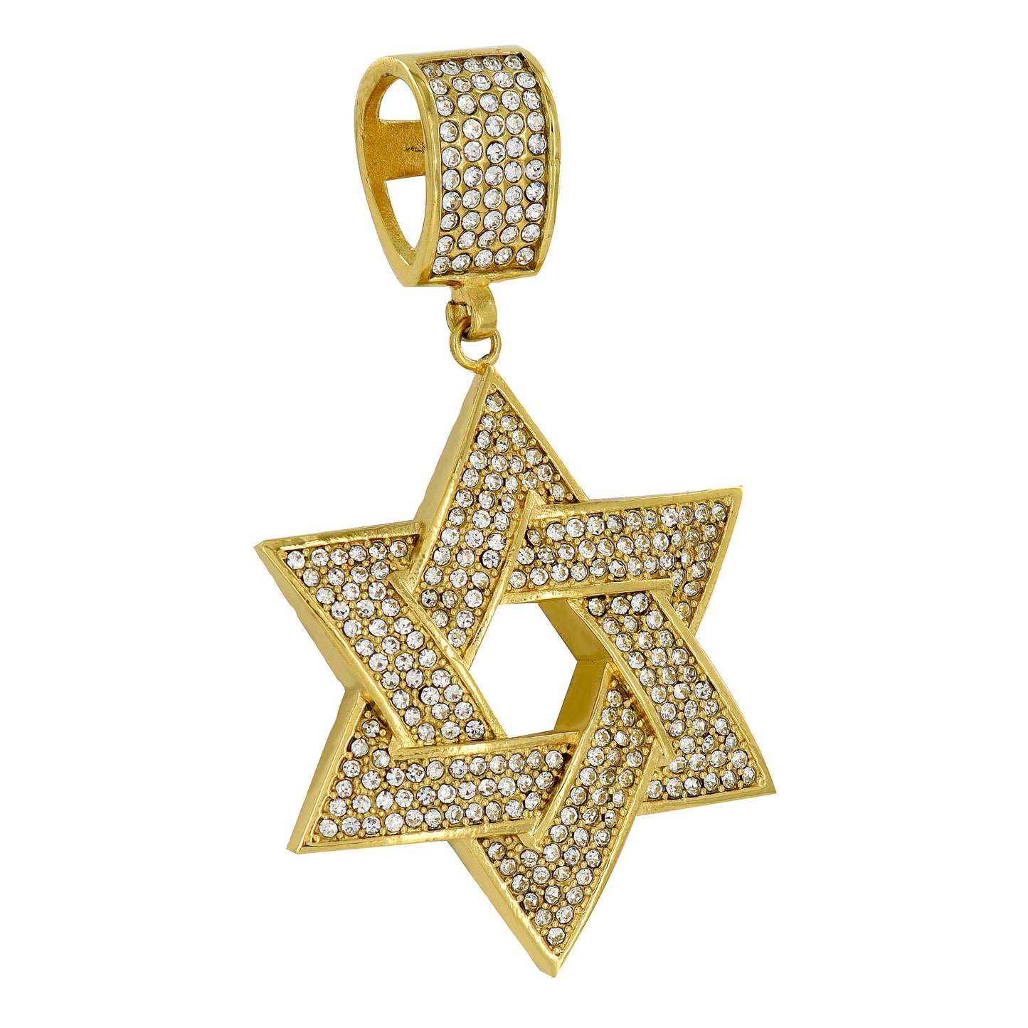 Star Of David Pendant Gold Over Solid Stainless Steel Simulated CZ Franco Chain