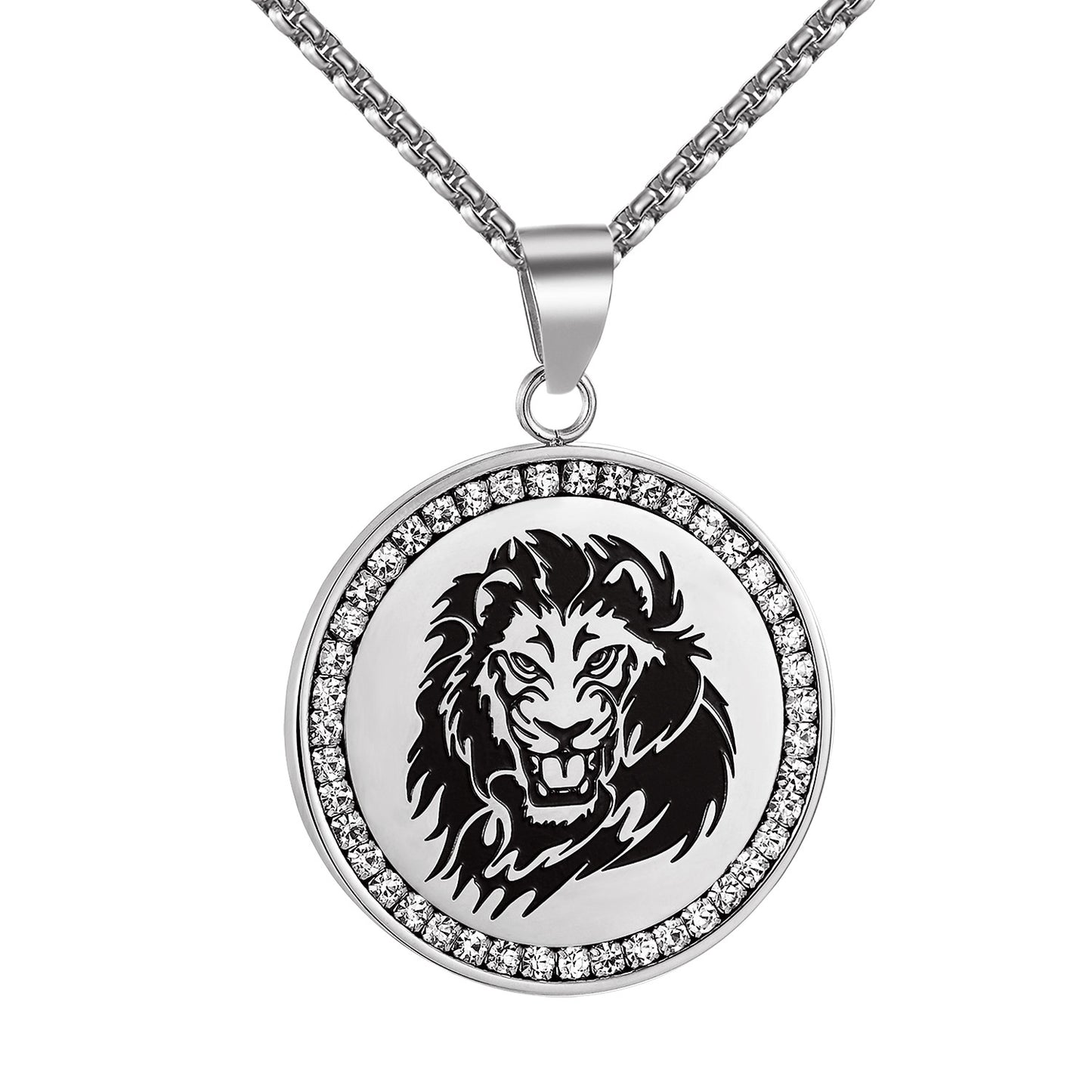Stainless Steel Lion Coin Design Pendant Simulated Diamonds Round Charm Chain