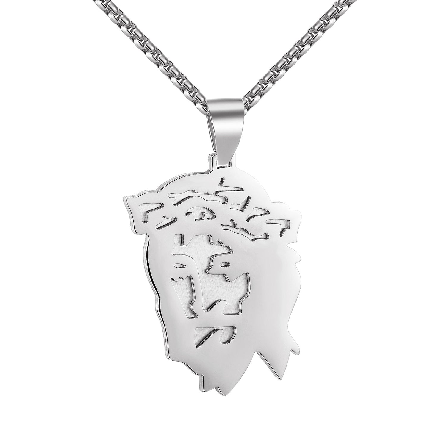 Jesus Face Pendant Necklace Set 2.3" Charm Stainless Steel Christ Silver Tone