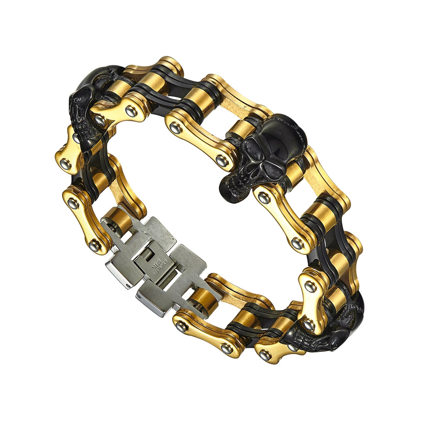 Skull Link Bracelet Stainless Steel Gold Black Finish Unique Motorcycle Chain