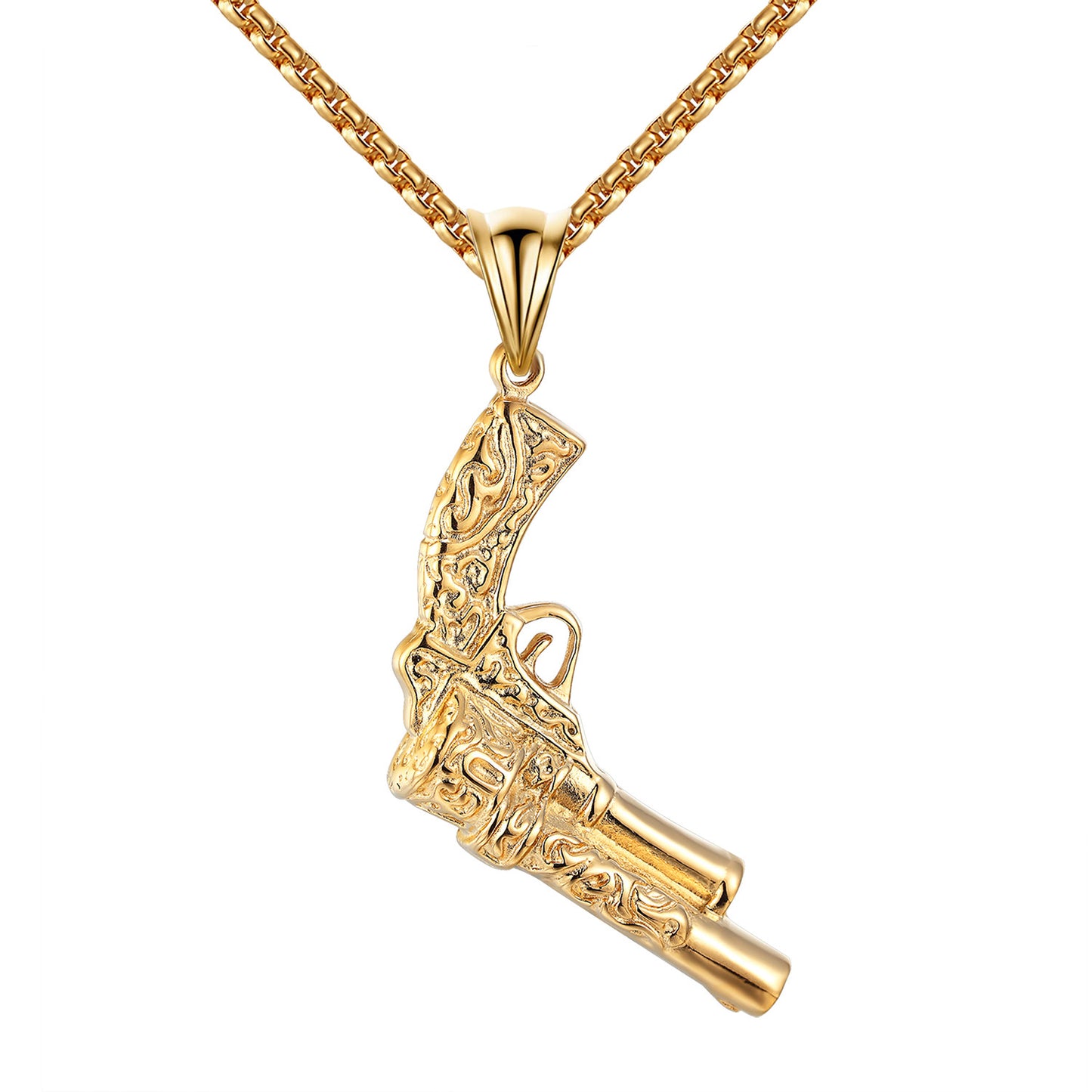 Pistol Gun Pendant Mens Stainless Steel 14k Gold Finish 24" Necklace Charm 2.9"
