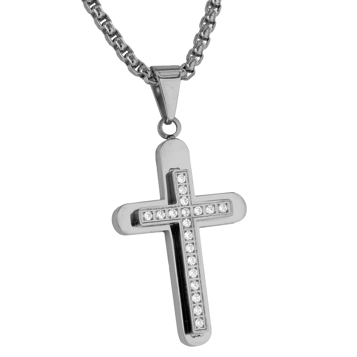 White Cross Pendant Stainless Steel Simulated Diamonds Free Necklace Brand New