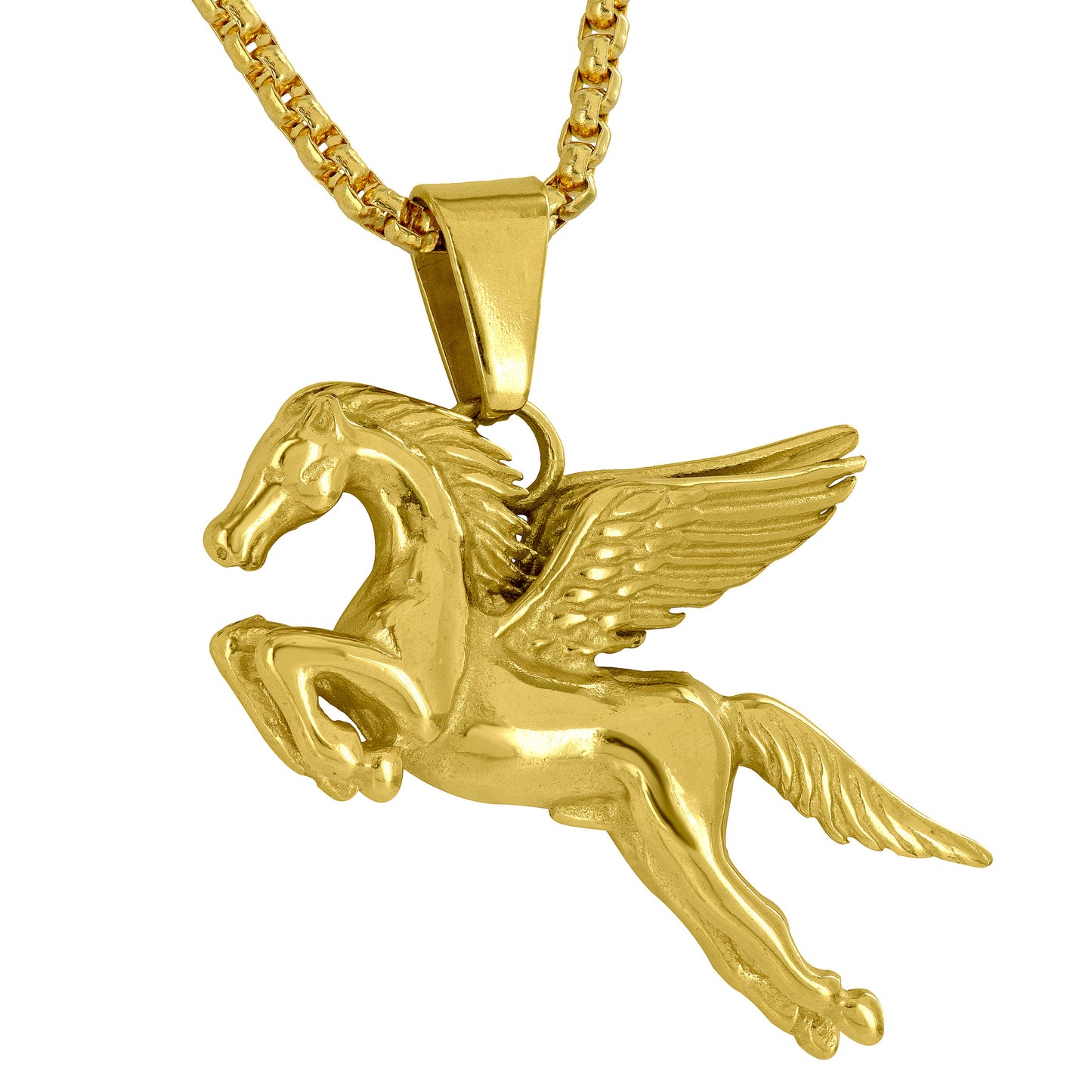 Pegasus Flying Horse Pendant Yellow Gold On Stainless Steel Custom Design Chain