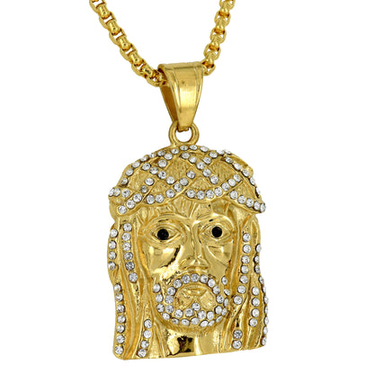 Jesus Christ Face Pendant Gold Over Stainless Steel Simulated Diamonds Necklace