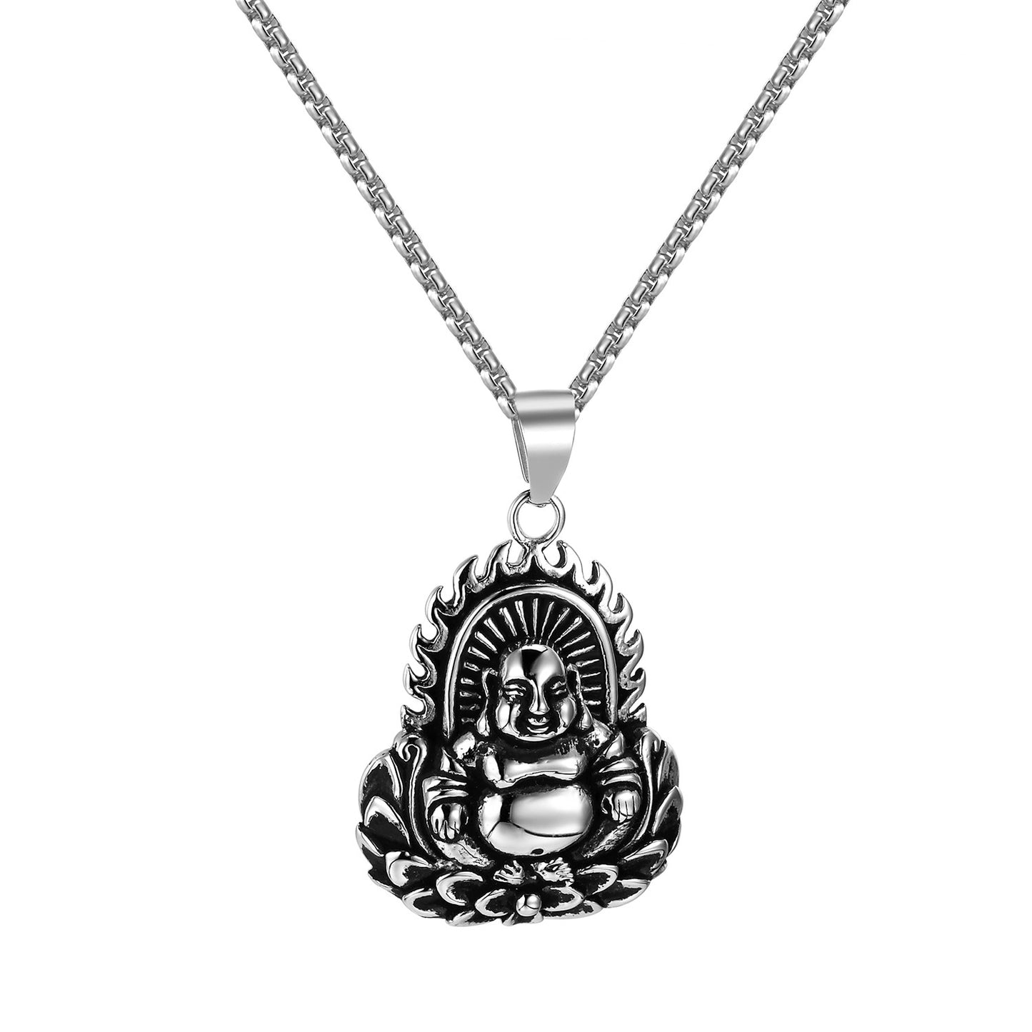 Buddha With Flame Pendant Stainless Steel 24" Necklace