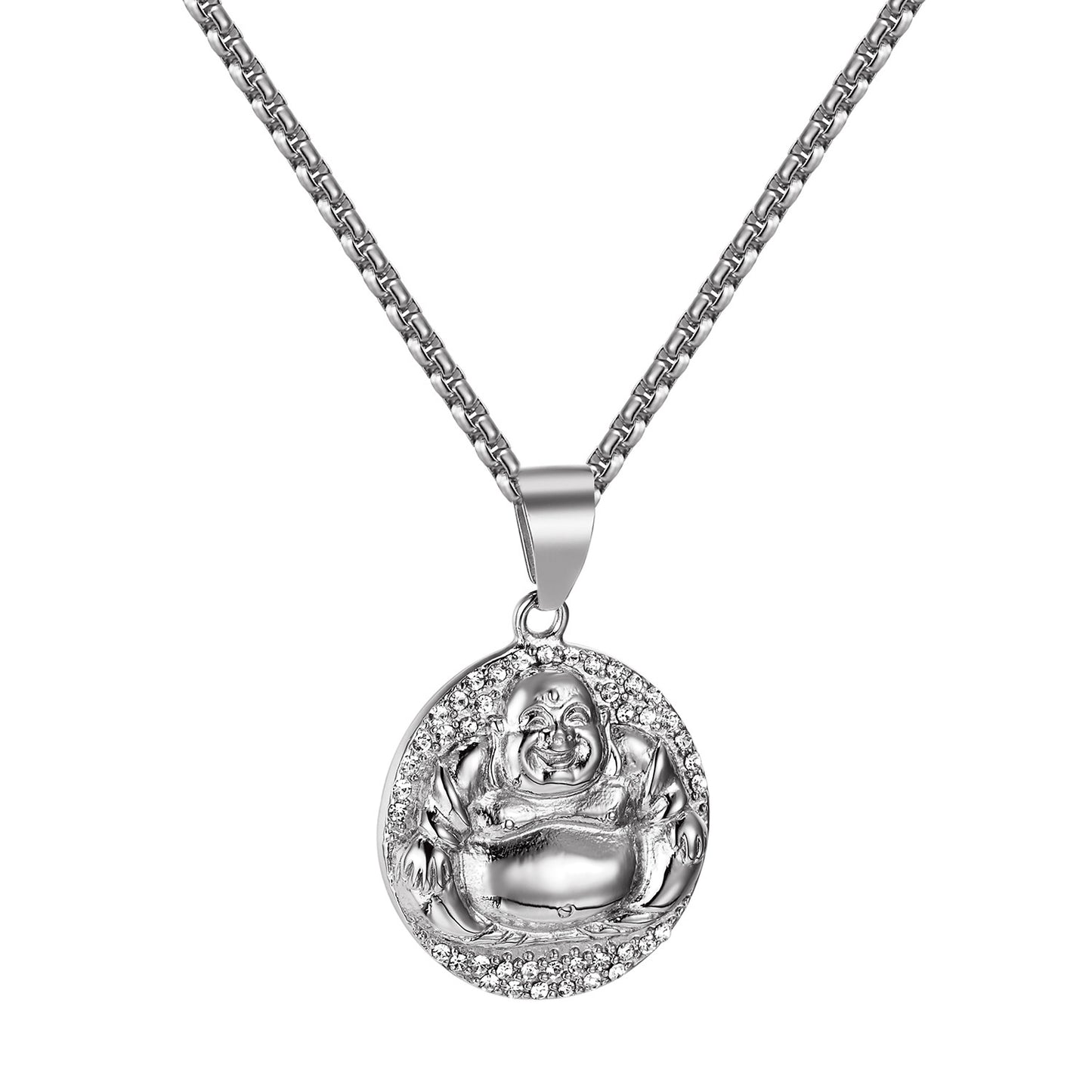 Laughing Buddha Coin Design Pendant Necklace Simulated Diamonds