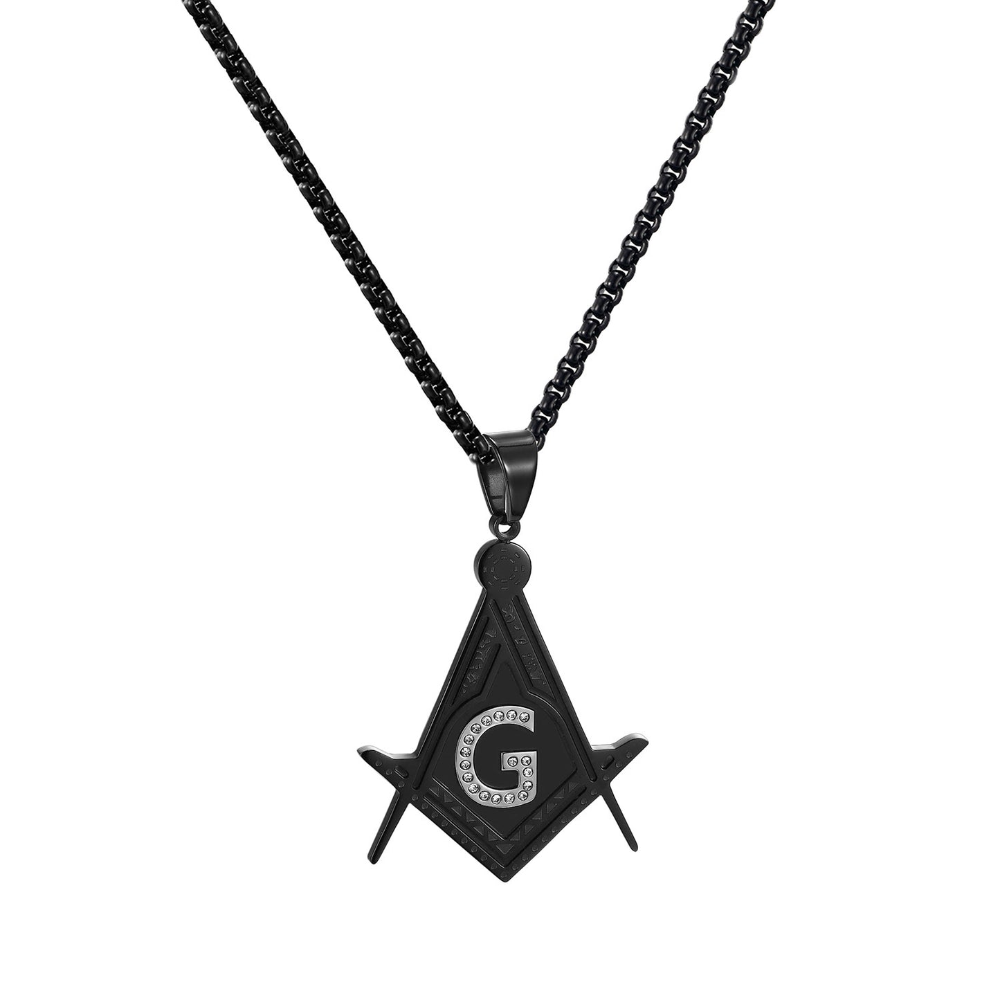 Masonic G Pendant Black Finish Simulated Diamonds Stainless Steel