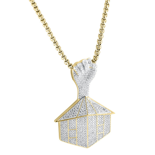 Sterling Silver Bling Trap House Fist Pendant 14k Gold Finish Pendant Free 24" Chain