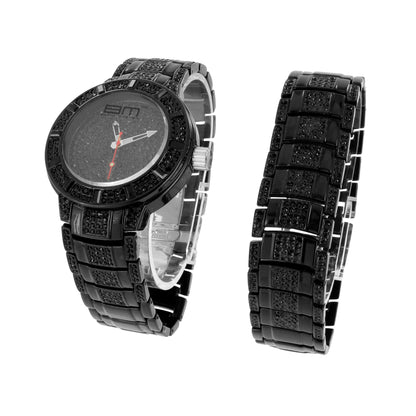 Mens Watch & Bracelet Gift Set Black PVD Analog Brand New Black