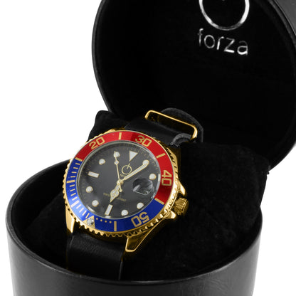 Mens Blue & Red Bezel Date Display Black Dial Jojino Watch Leather Band