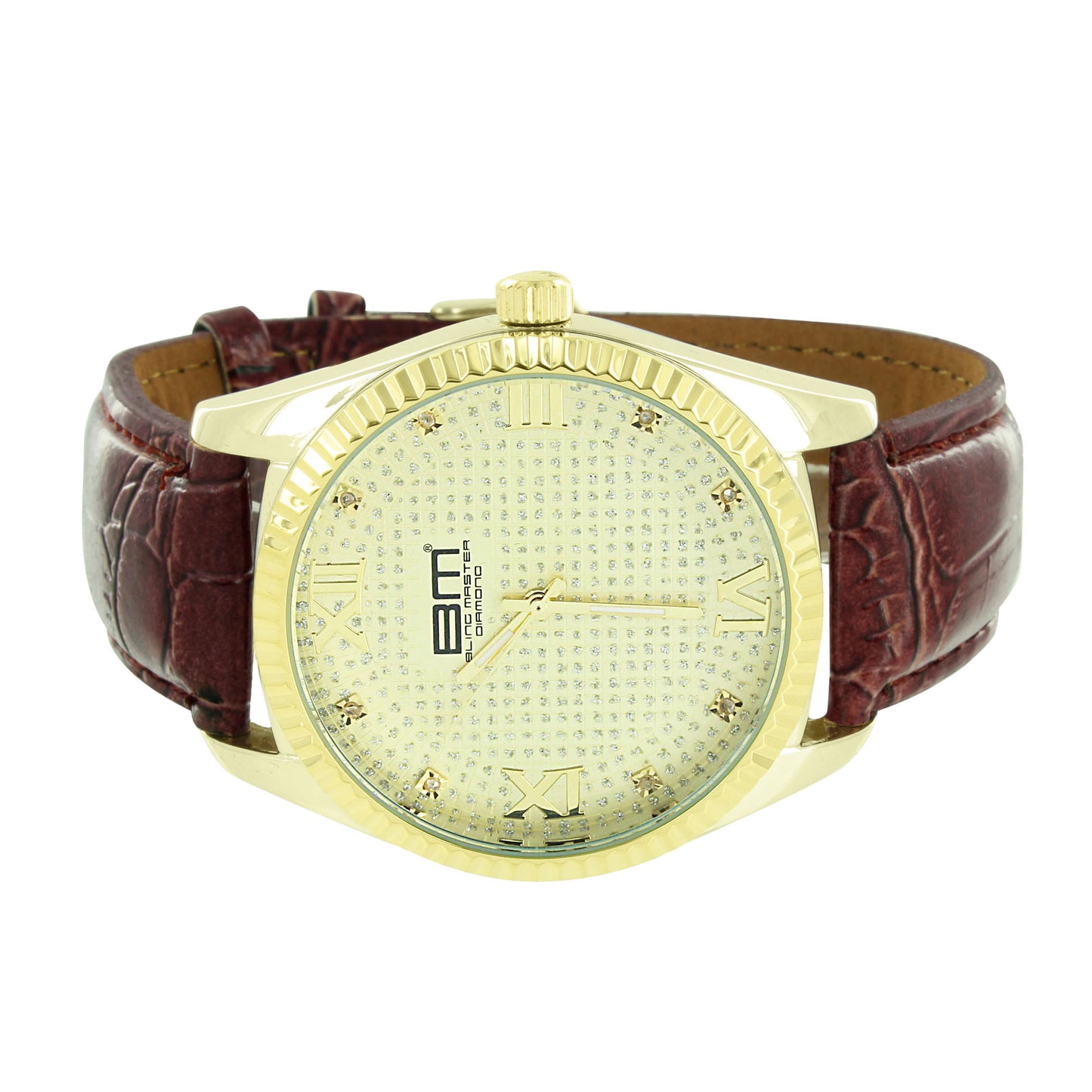 Brown Leather Strap Watch Gold Fluted Bezel Analog Stainless Steel Back Classy