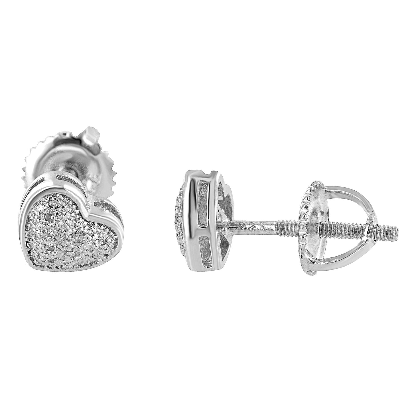 Sterling Silver Heart Earrings Womens Genuine Diamonds 6 MM Screw Back
