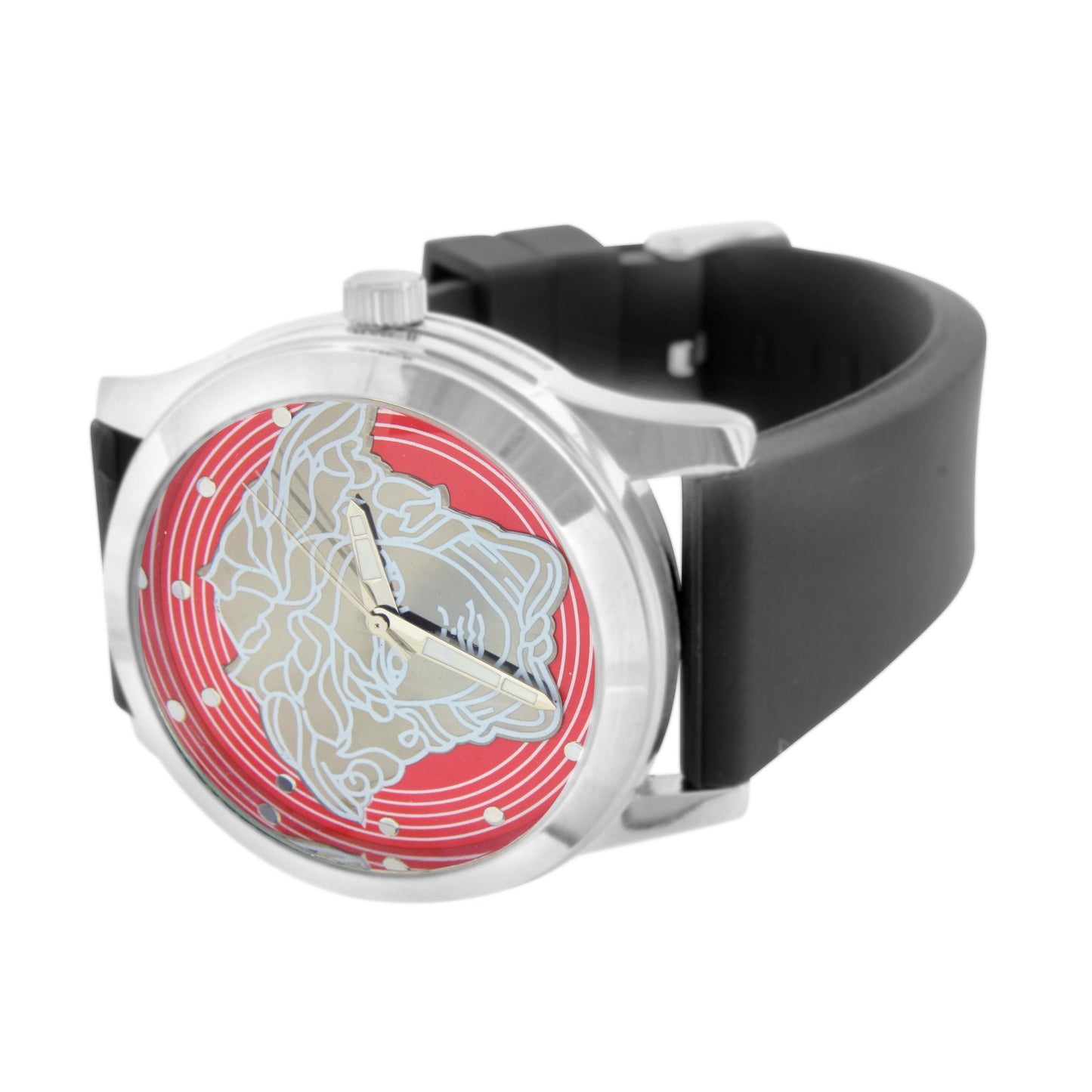Medusa Dial Watch White Finish Silicone Black Band Red Silver Dial
