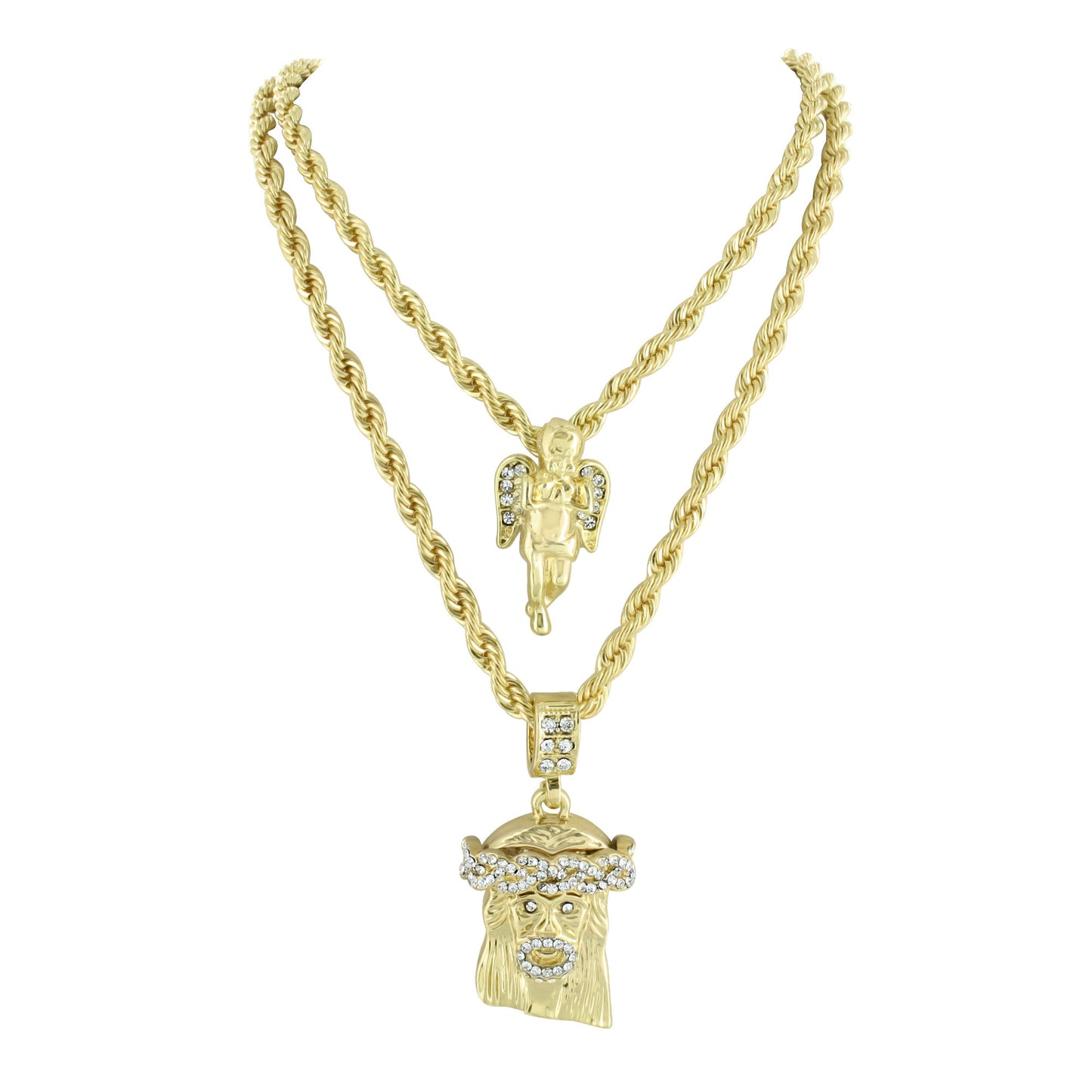 Jesus & Angel Pendant Combo Set With Free Necklaces Chain Gold Tone Lab Diamonds
