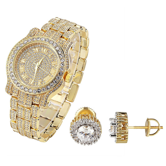 Men's Yellow Gold Finish Hip Hop  Techno Pave Watch & Solitaire Earrings Combo