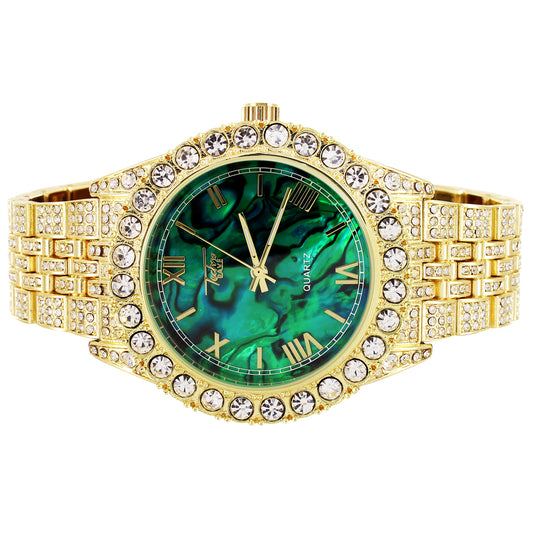 Gold Tone Marble Green Texture Roman Dial Bling Metal Watch