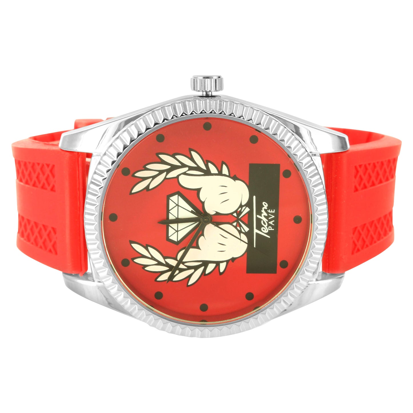 Red Silicone Band White Gold Tone Bezel Techno Pave Watch