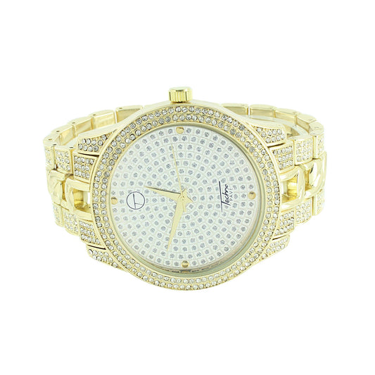 Silver Dial Watch Analog Gold Finish Techno Pave