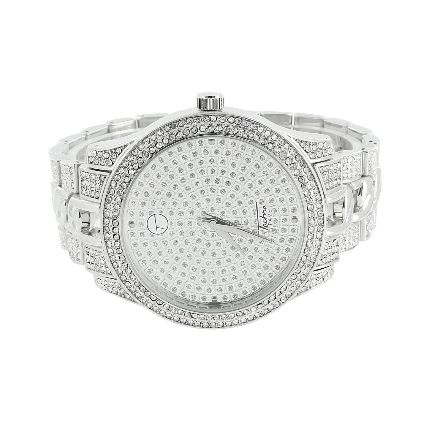 White Watch Round Classy Techno Pave Lab Simulated Stones