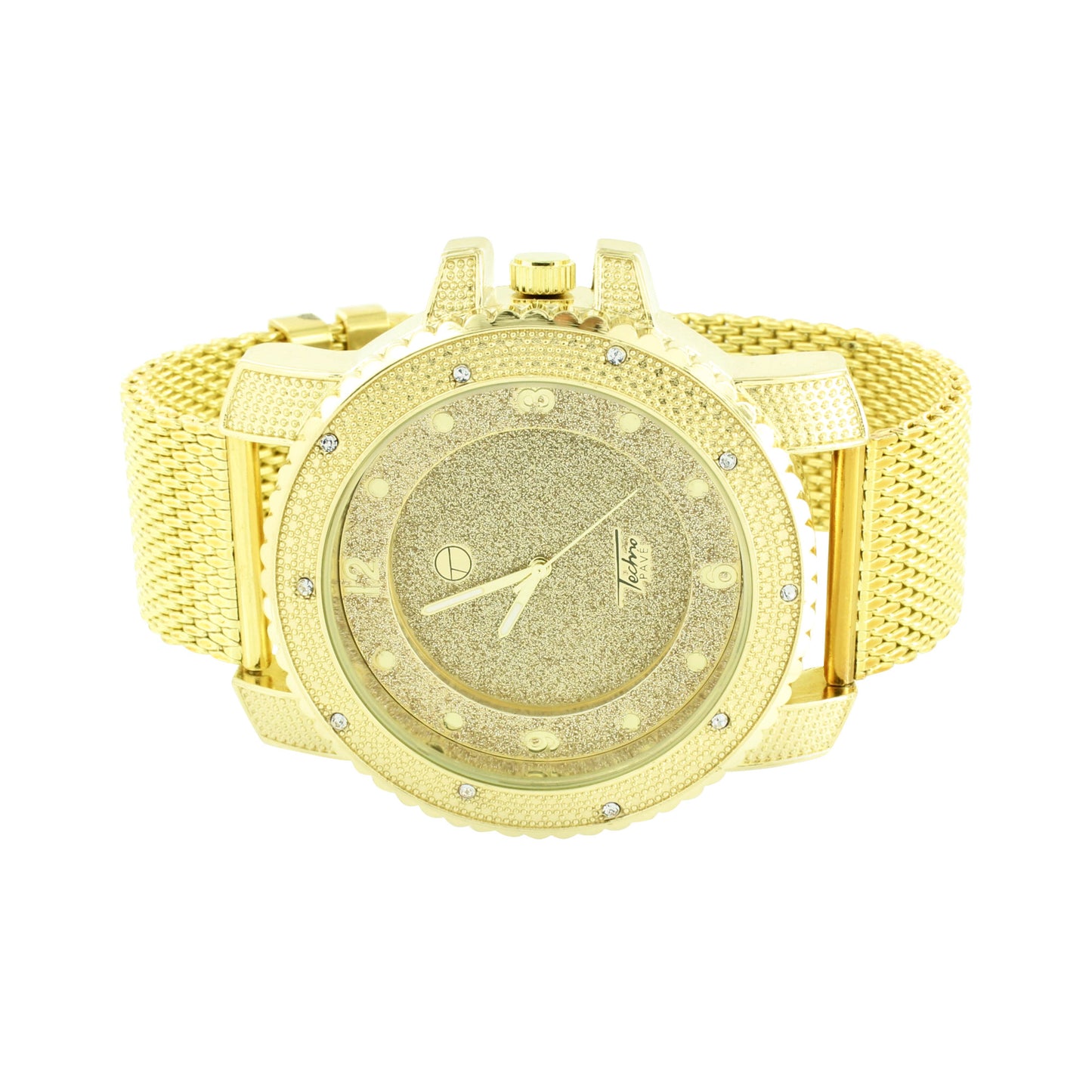 Simulated Diamond Watch Gold Finish Mens Mesh Band Water Resistant Classy Techno