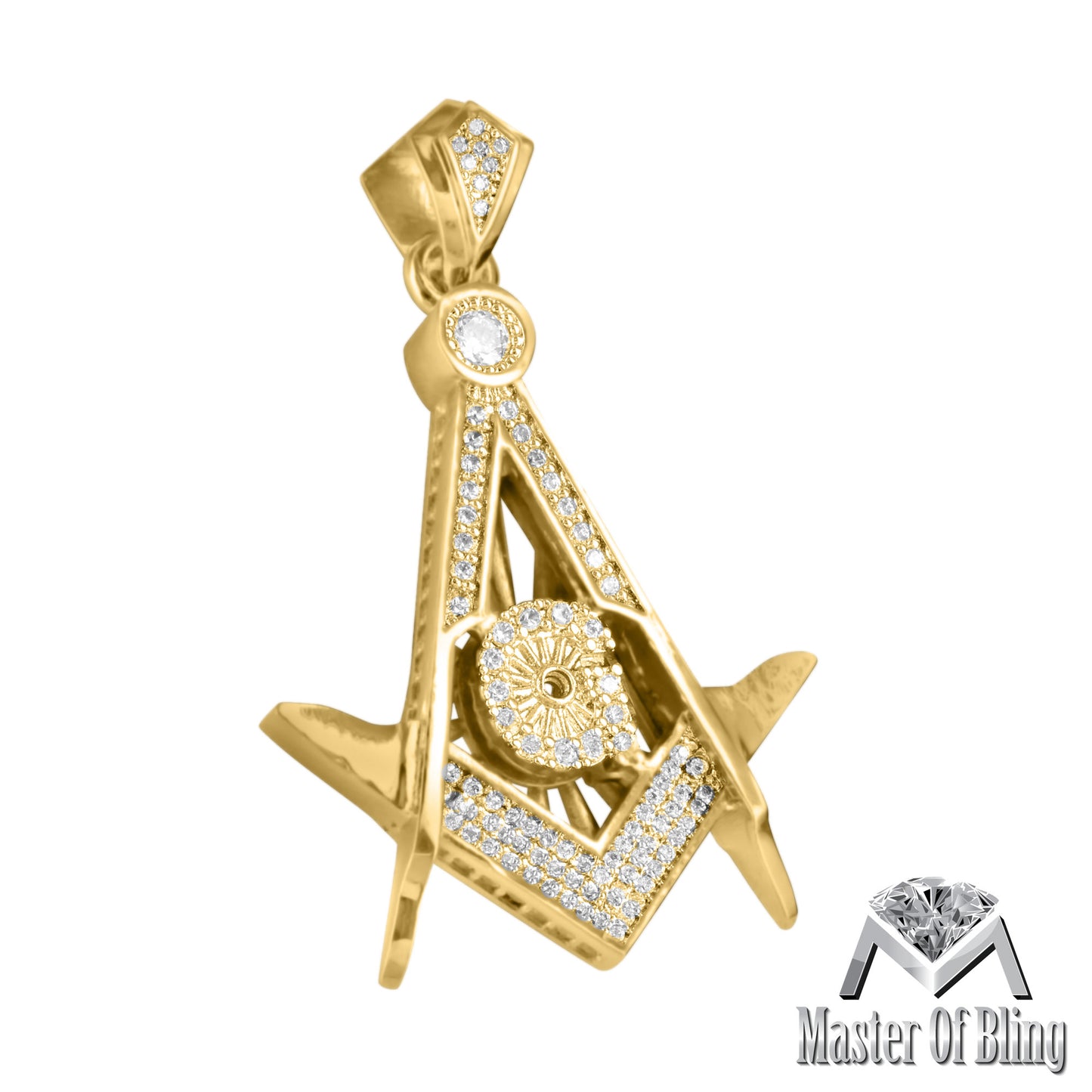 Simulated Diamond Freemason 14K Gold Finish Pendant