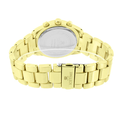 Mens Gold Finish Watch Genuine Diamond Icetime Water Resistant Analog
