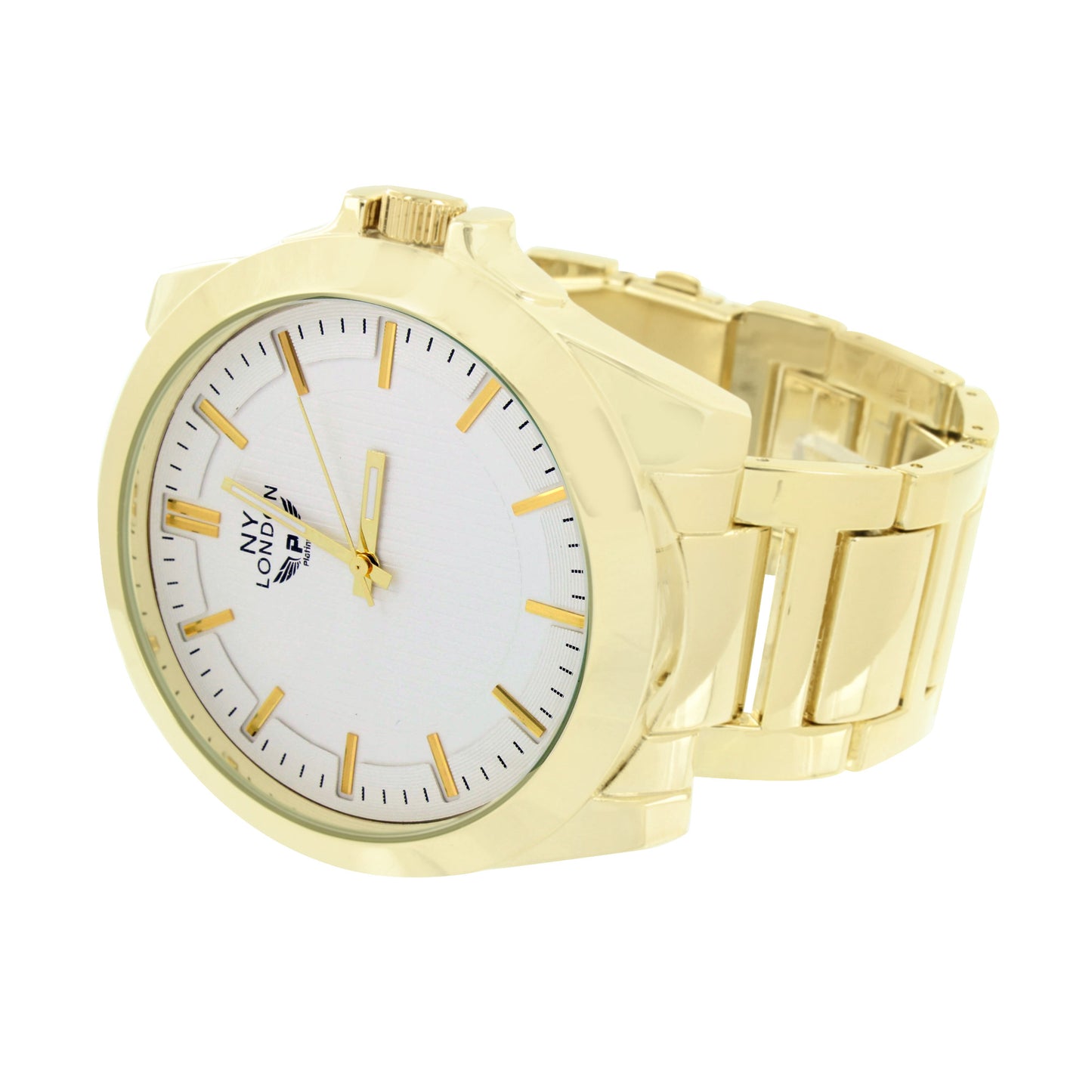 New Gold Tone Mens Watch White Dial Round Face Analog NY London