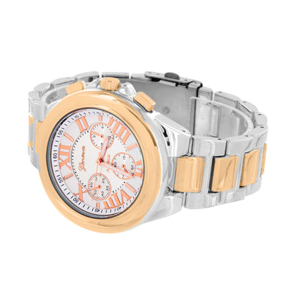 Classy 2 Tone Unisex Watch White Rose Gold Tone Roman Numeral Dial