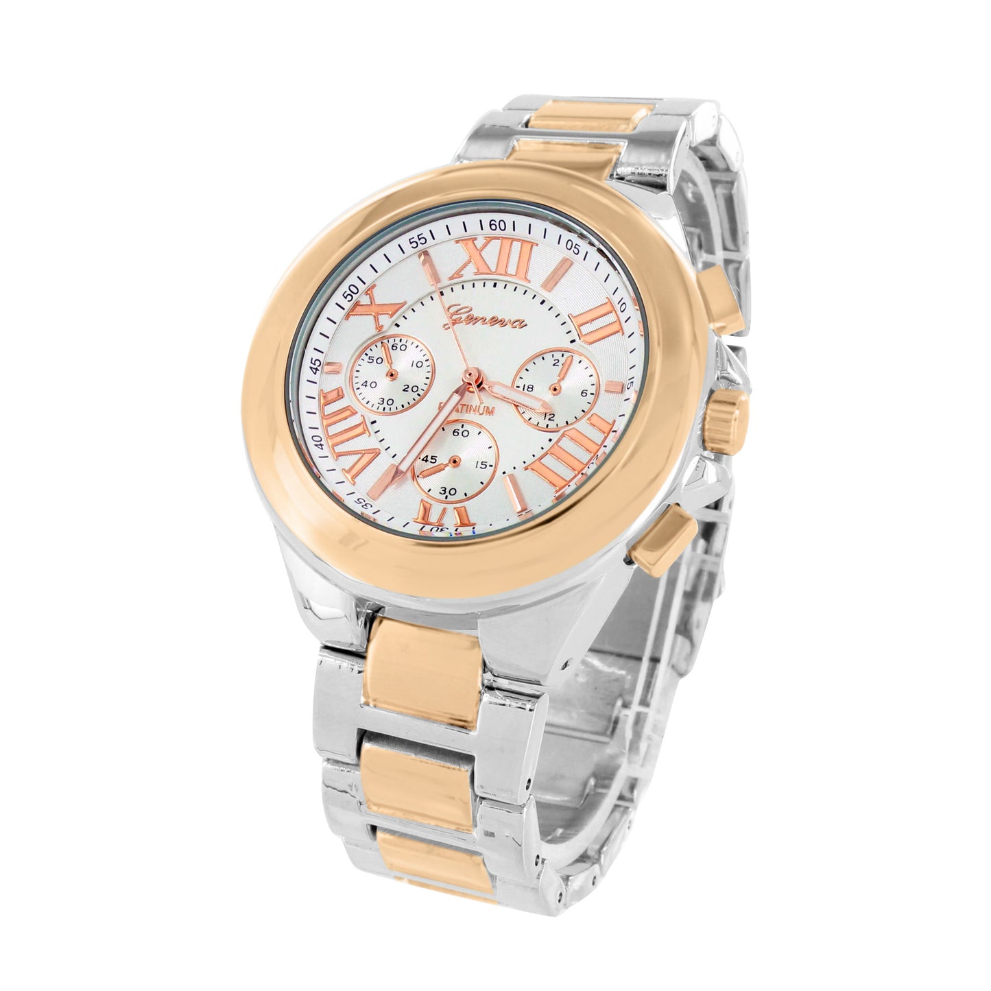Classy 2 Tone Unisex Watch White Rose Gold Tone Roman Numeral Dial