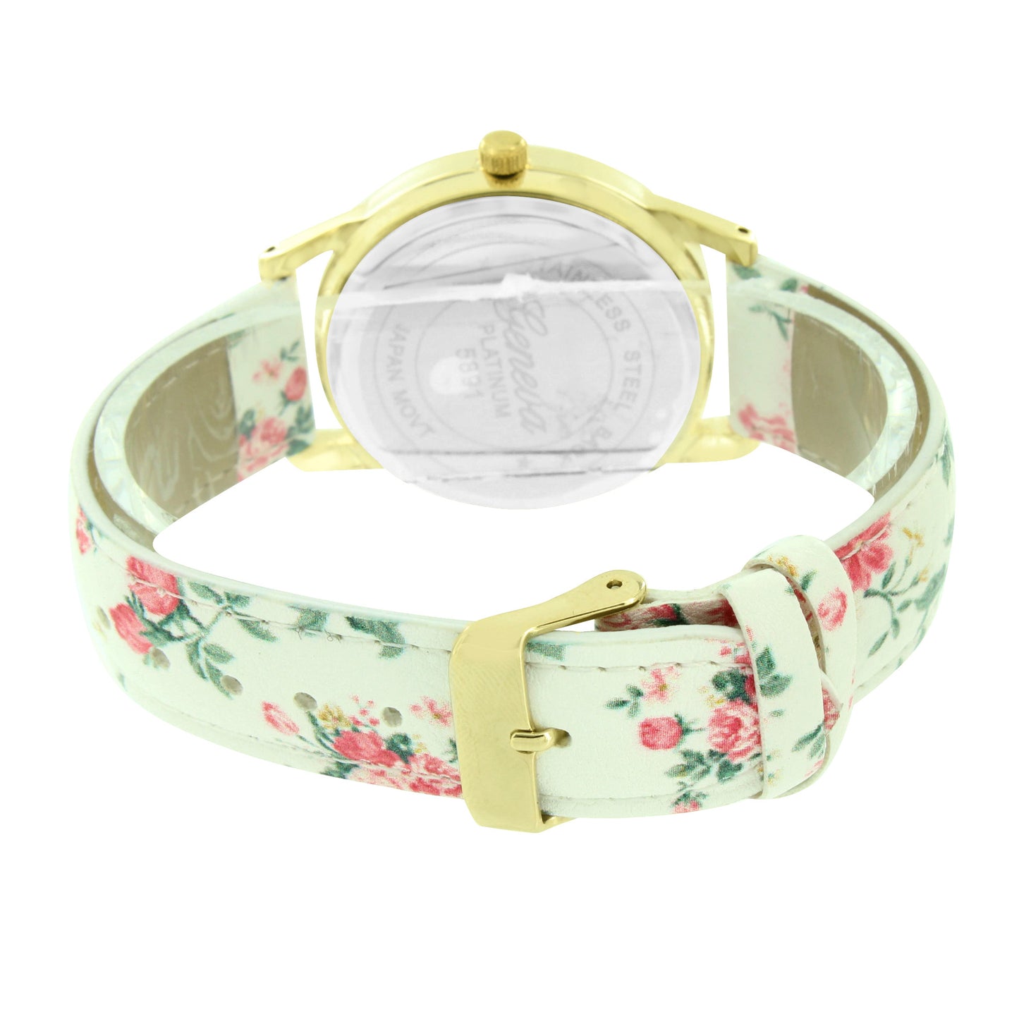 Gold Finish Watch Women White Floral Design Leather Strap