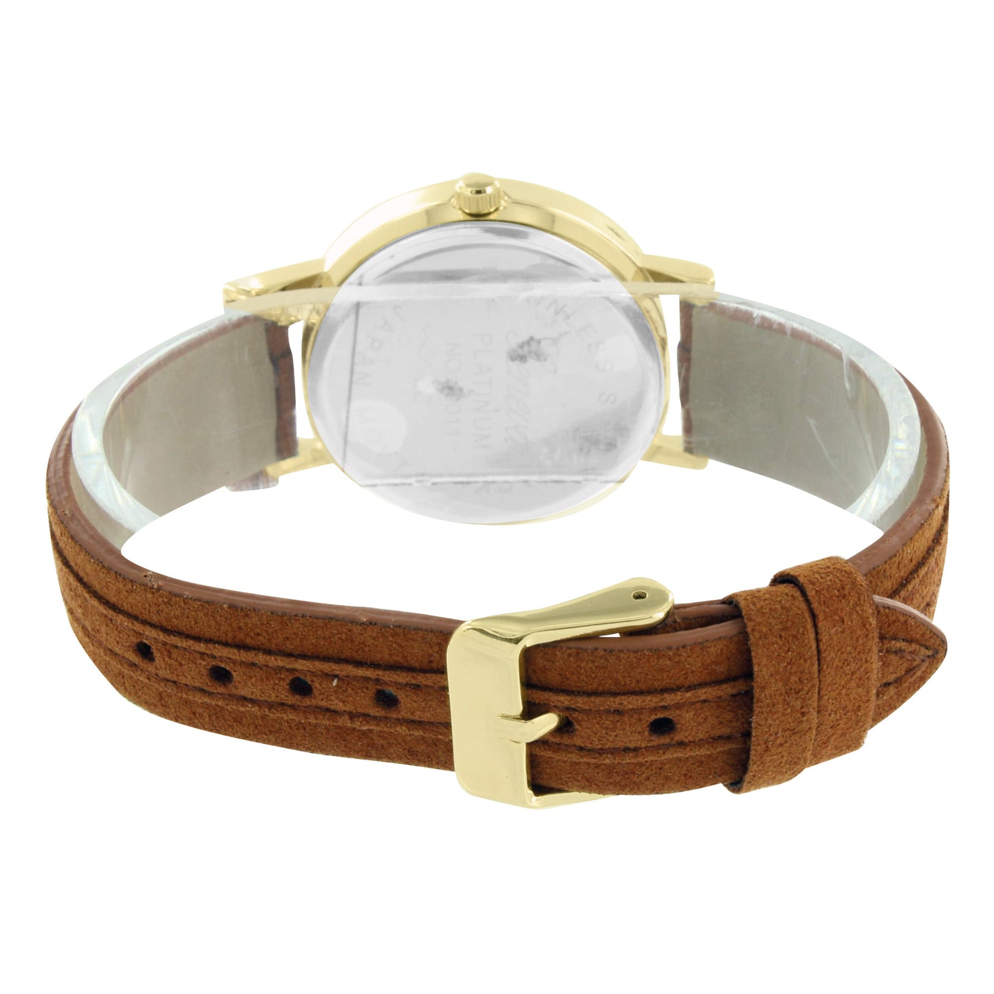 Gold Tone Watch White Dial Brown Suede Strap Water Resistant Round Face 35 MM