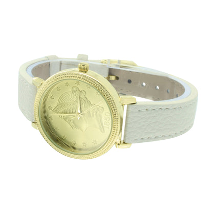 Guinea Coin Dial Watch White Leather Band
