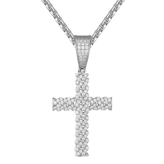 Holy Jesus Cuban Cross Religious Bling Icy Pendant Steel Chain