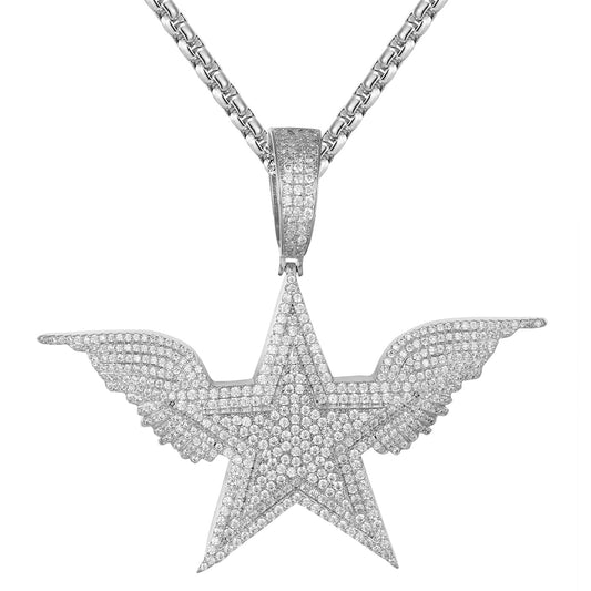 White Double Layer Star Angel Wings Icy Hip Hop Pendant