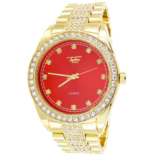Techno Pave Red Face Adjustable Links Icy Bezel Rapper Watch