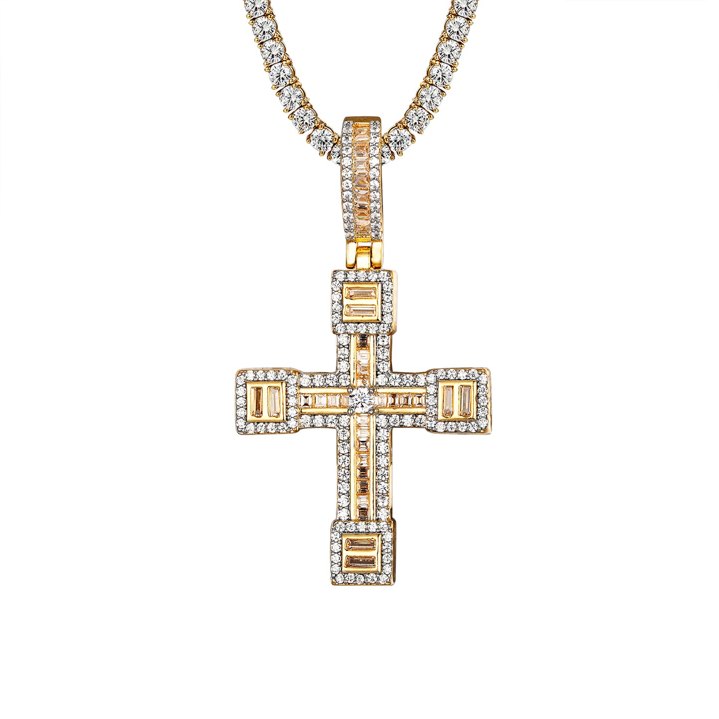 Baguette Religious Holy Jesus Cross 3D Icy Hip Hop Pendant
