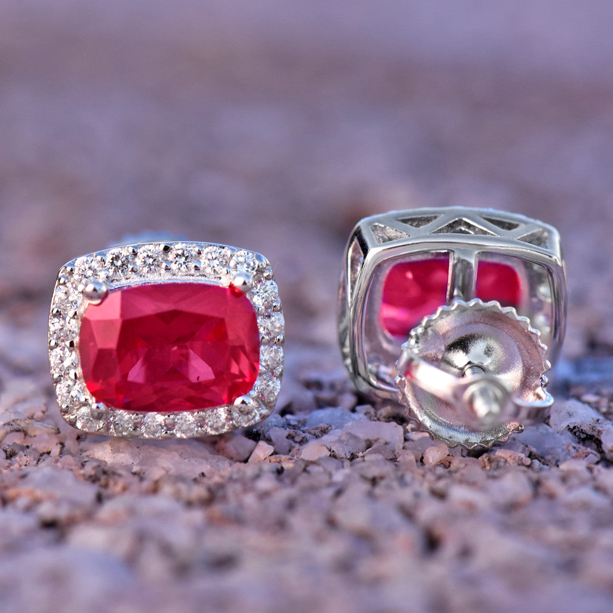 Unisex Red Ruby Stone Square Earrings