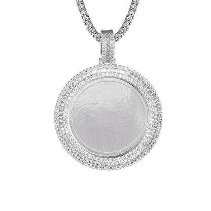 Round Circle Picture Frame Baguette Micro Pave Row Pendant