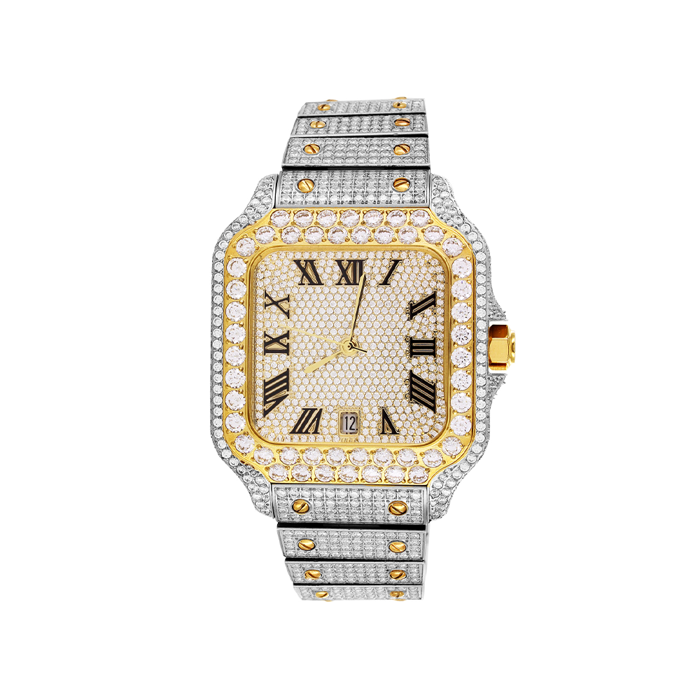 Stainless Steel Moissanite Two Tone Yellow Gold Mens Watch