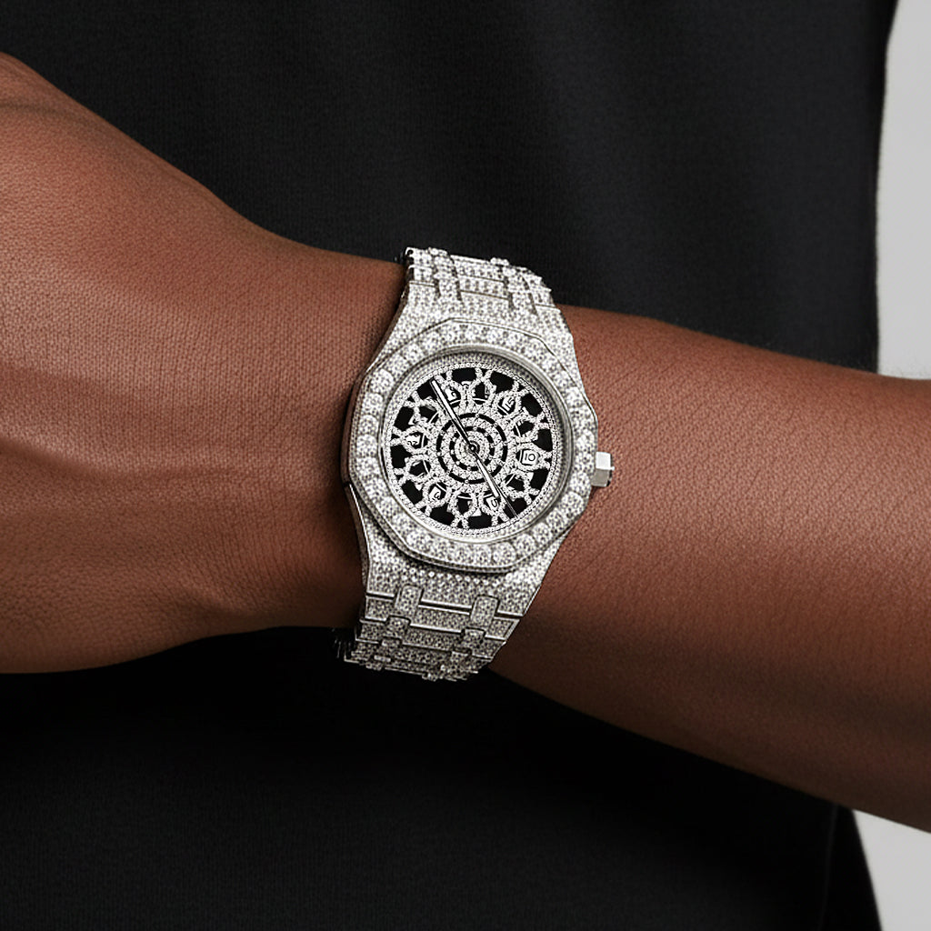 Moissanite Skeleton Dial Watch Octagon Face Stainless Steel